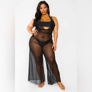 New Trendy Black V-Neck Sleeveless Wide Leg Sheer Jumpsuit Cover Up Swimwear